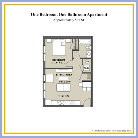 Floor plan for 1 bed, 1 bath, 542 sqft